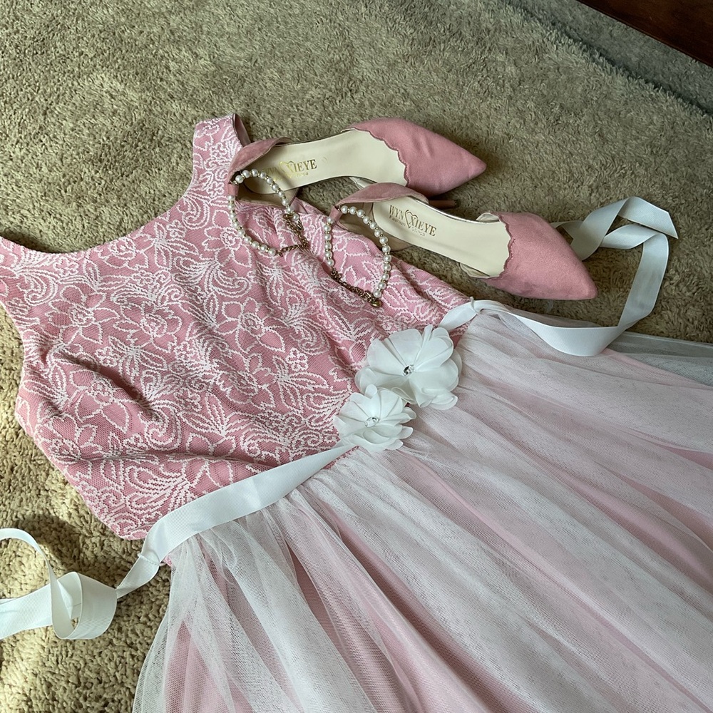 BCX Pink Lace Tulle Prom / Party Dress Juniors 13 can include Shoes Sz 7.5